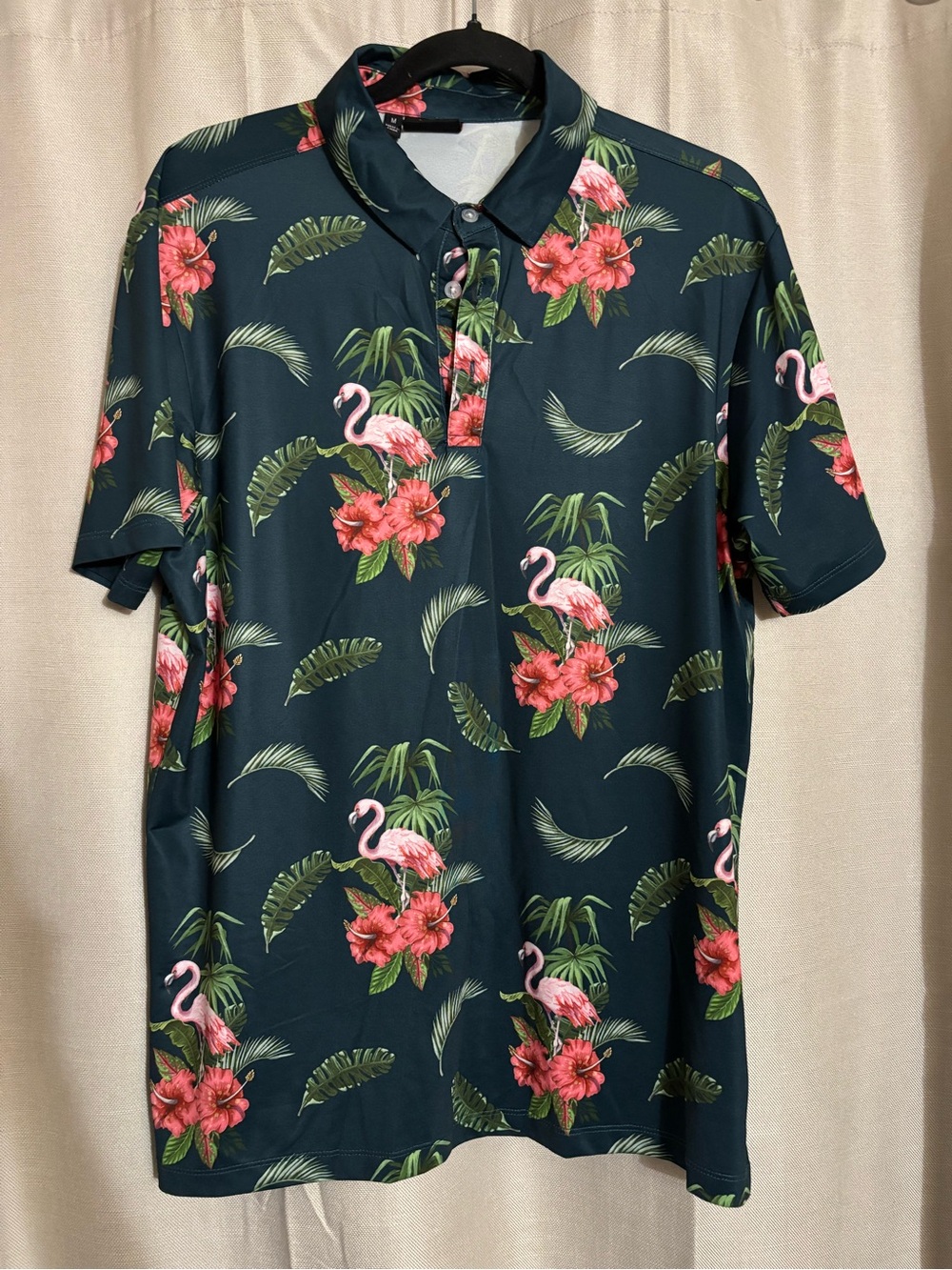 Tropical Flamingo Polo Shirt - Green with Pink Floral Print